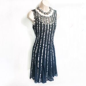 Sandra Darren Black & White Striped Mesh Overlay A-Line Dress Sz 4P